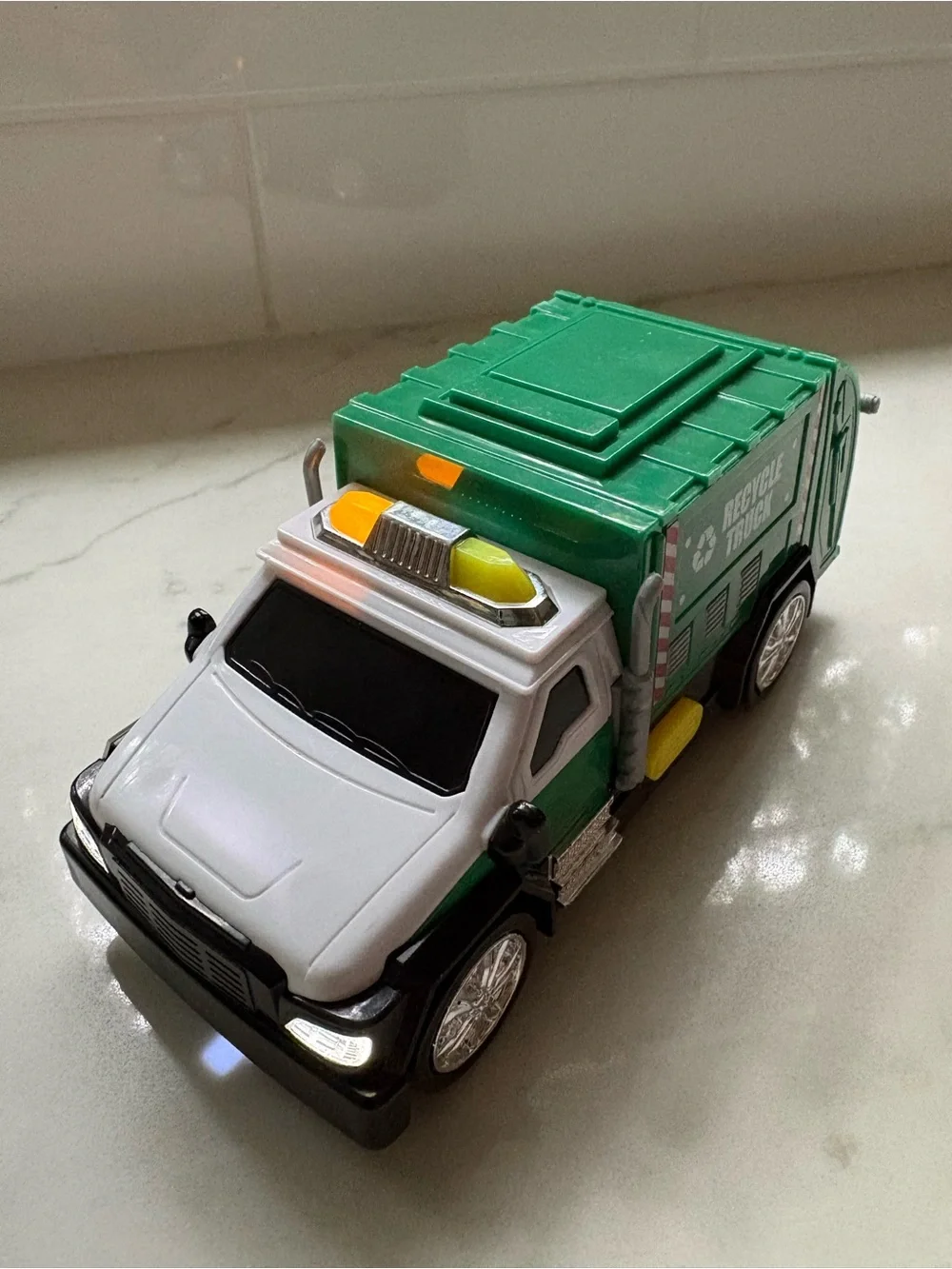 Green & White Toy Garbage Truck with Lights - Kids Toys